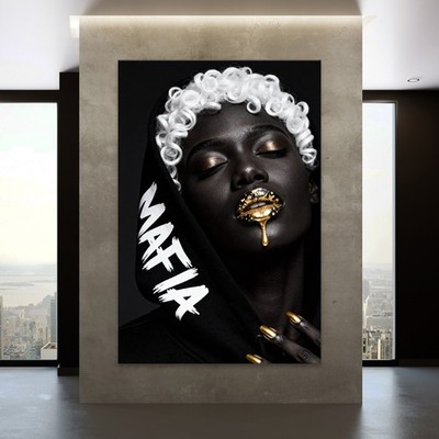  Mode schwarze Frauen Bild, gold Make-up Wandbild, Acrylglas, Leinwand, Poster