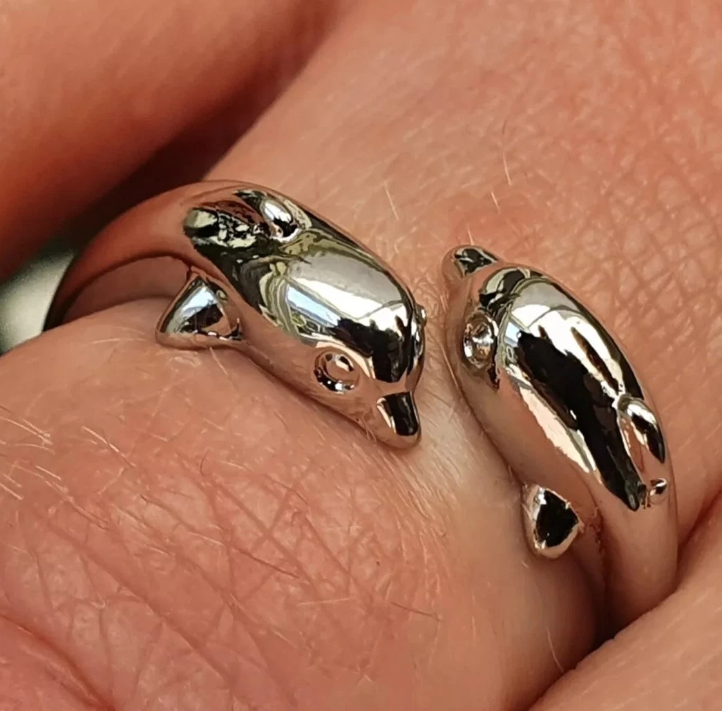 Bague Vintage 1970 Argent Motif Dauphins Neuf T.57/ New Old 12