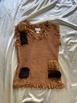 y2k Alberto Malaki Brown Fur Patchwork Fringe Knit Tank Boho Fairy Unique Small