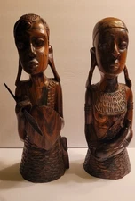 Pair, Ebony Wood Hand Carved Warrior And His Mate, 14" Tall, 10lbs, Vintage