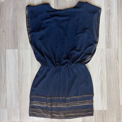 SLNY Navy Blue Chiffon Blouson Dress Gold Metallic Trim Size 8 Cocktail Evening