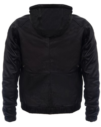 Men's Black Vintage Retro Casual Zipped 100% Leather Hooded Bomber Biker Jacket - Picture 3 of 5