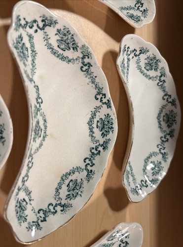 Antique 5 ROYAL SEMI-PORCELAIN Green with gold FLORAL ALFRED MEAKIN Bone plates - Picture 3 of 6