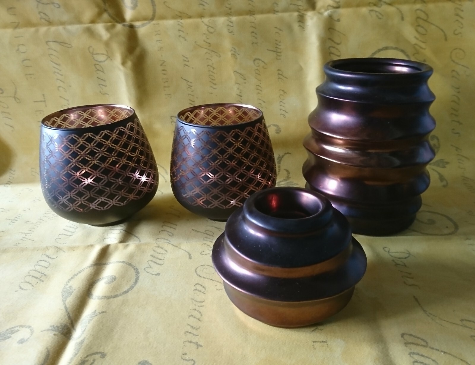Vase déco marron-cuivré et photophores en verre lot de 4 pièces de table