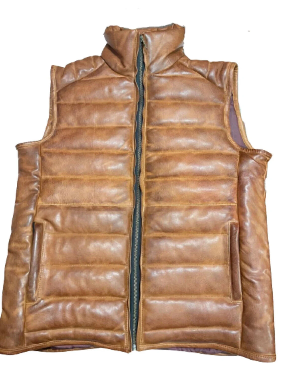 Men's Tan Brown Real Leather Puffer Vest With Vintage Quilted Coat Custom - 042