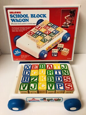 1985 Shelcore School Wooden Alphabet Block Wagon Vintage New Open Box