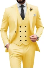 WANGYUE Men's Slim Fit Suit Yellow 3 Piece 4XL 50R 44W Peak Lapel 1 Button