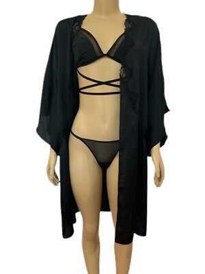VICTORIA'S SECRET BLACK KIMONO ROBE Size XSMALL/SMALL