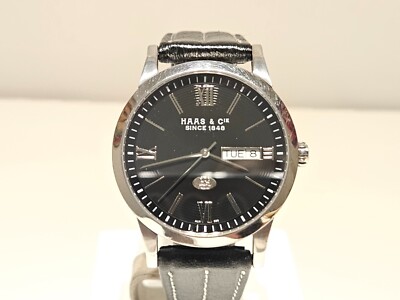 RETRO ELEGANT SWISS ST.STEEL BLACK DIAL MEN'S DAY-DATE QUARTZ WATCH ''HAAS & CIE''