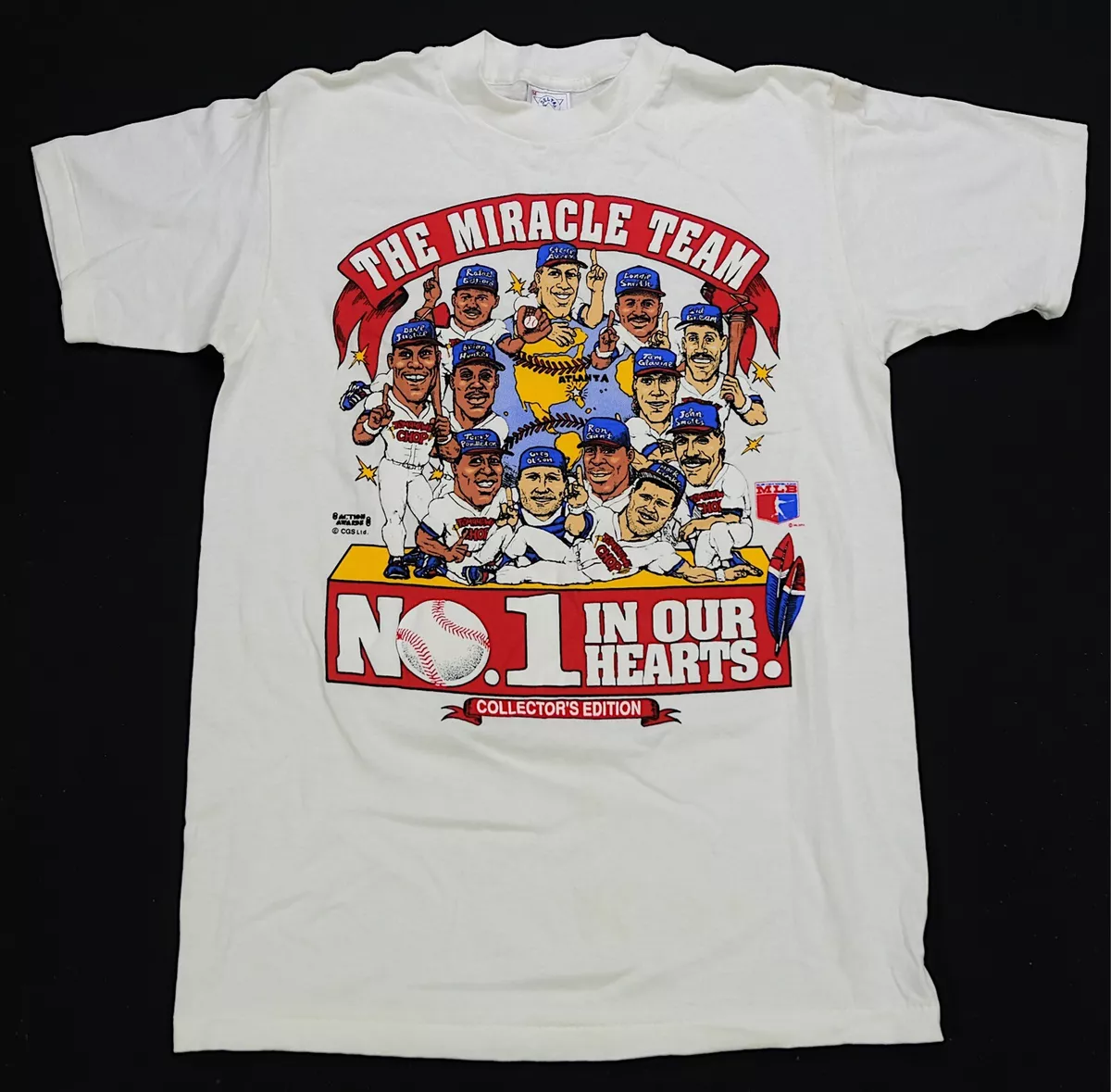 Rare Vintage Atlanta Braves The Miracle Team Tomahawk Chop T Shirt 90s  White M