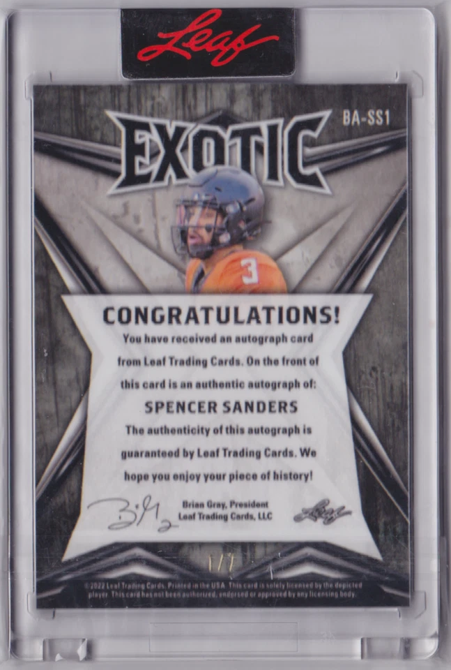 2022 LEAF EXOTIC BASE AUTO PRISMATIC PEACOCK PARALLEL /7 SPENCER SANDERS #BA-SS1 - Image 2 of 2