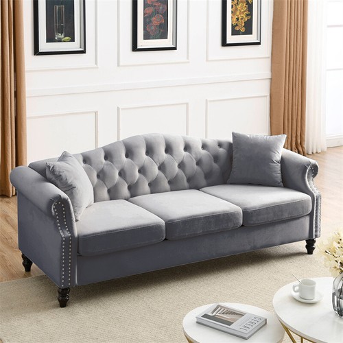 Chesterfield 3 Seater Velvet Sofa Button Tufted Couch with Nailhead Arms Pillows - Picture 16 of 18