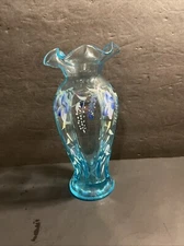 Vtg Fenton Ruffled Clear Aqua Glass Vase 8" Hand Painted Flowers VGUC