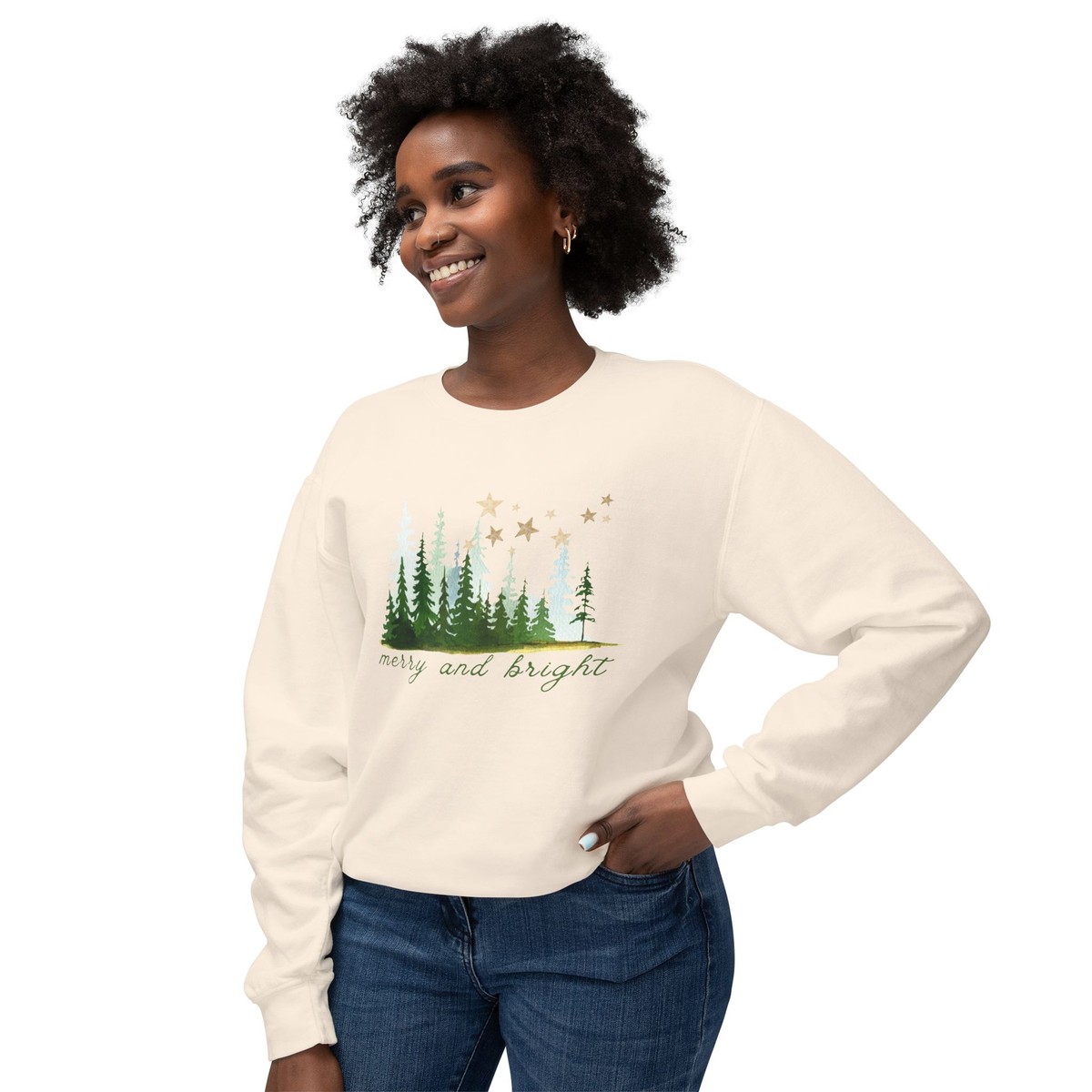 Merry and Bright Christmas Unisex Lightweight Crewneck Cotton