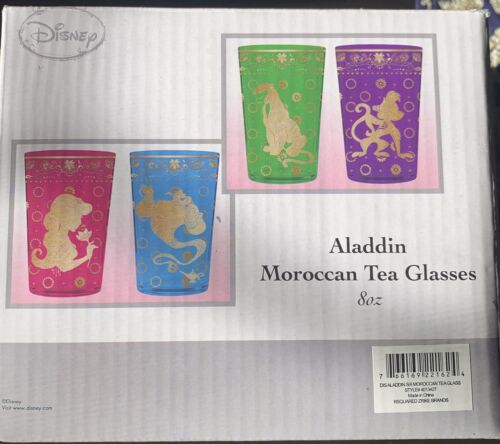 Disney Aladdin Moroccan Tea  Glasses Set Of 4 GoldTrim 8oz Genie Jasmine Abu New - Picture 1 of 9