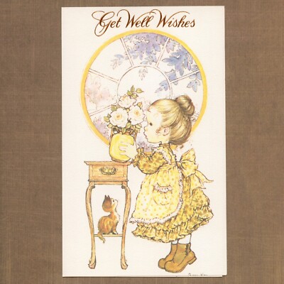Cute Vintage GET WELL WISHES Card, Girl Flower Vase Kitten Cat by Sarah Kay + 