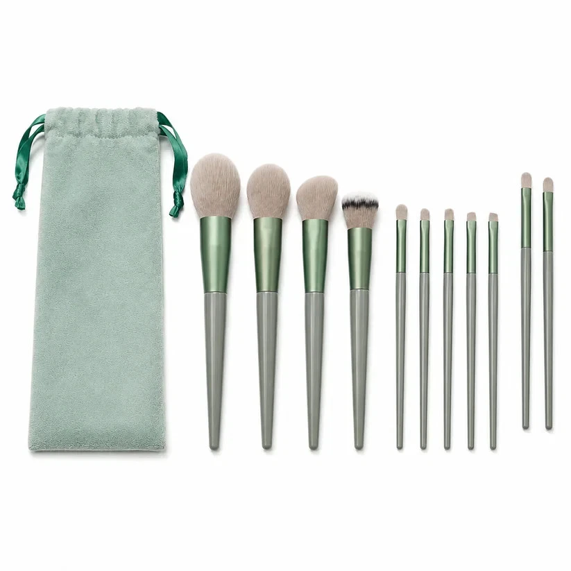 13Pcs Makeup Brushes Set Foundation Blush Powder Eyeshadow Kabuki Green with Bag - Image 4 of 4