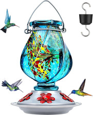 Hand Blown Glass Hummingbird Feeder Blue 22 Oz with Ant Moat 5 Ports