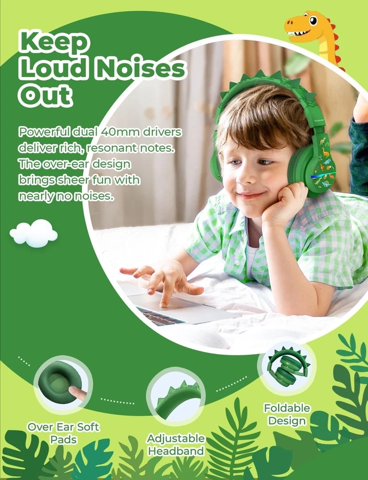 iClever Kids Bluetooth Dinosaur Headphones Over Ear Wireless with LED Lights - Image 3 of 4