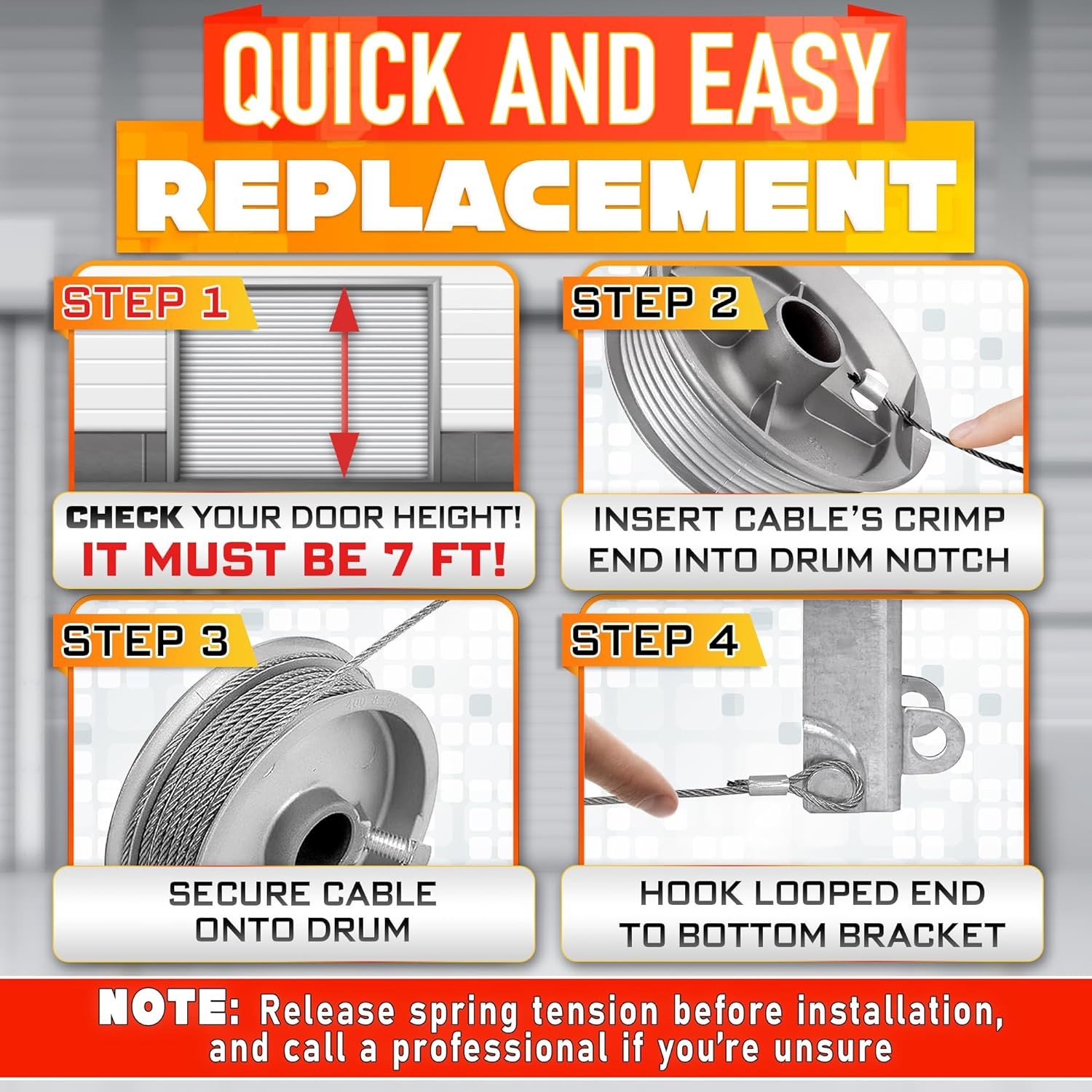 Garage Door Cables for 7 ft – 8 6 inch Long, For 7 Door, Steel 