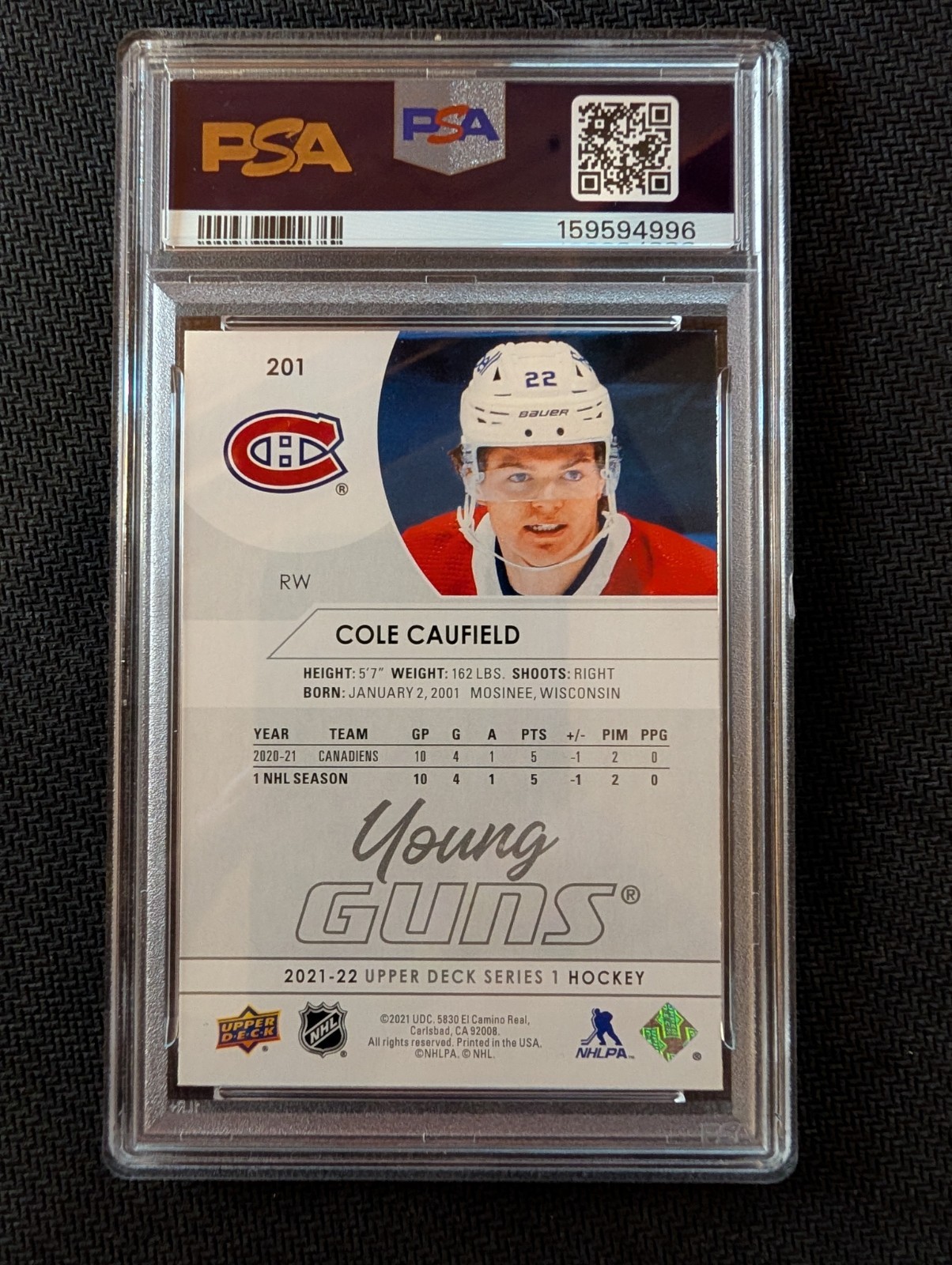 2021-22 Upper Deck Series 1 - Young Guns Cole Caufield #201 (RC) Psa 9 view 2