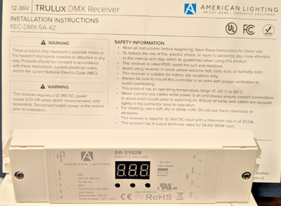 AMERICAN LIGHTING SR-2102B DMX512 DECODER TRULUX RECEIVER UNIT REC-DMX-5A-4Z