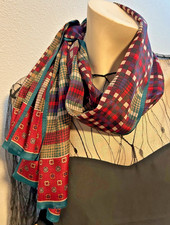Pretty Vintage 11 x 51 Inch Green, Red, Tan Rectangle Scarf - Silk- VS-64