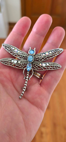 Silver Tone Dragonfly Brooch Pin Blue Oval Rhinestones Nature Theme