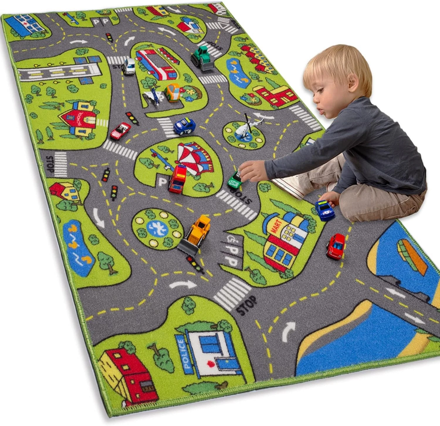 Large Kids Carpet Playmat Rug 52 x 32 W/ Non-Slip Backing City Life Play Mat