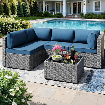 SUNLEI 5 Piece Patio Furniture Sets, Low Back All-Weather Rattan Sectional Sofa 
