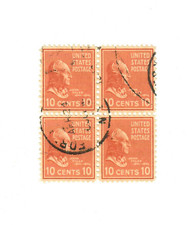 1938 US 10c John Tyler Prexie Scott 815 Used Block 4 Town Cancel (U160)