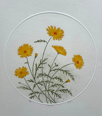 YELLOW DAISIES FLOWERS INTAGLIO COLOR ETCHING SIGNED NUMBERED CIRCULAR ART ADI