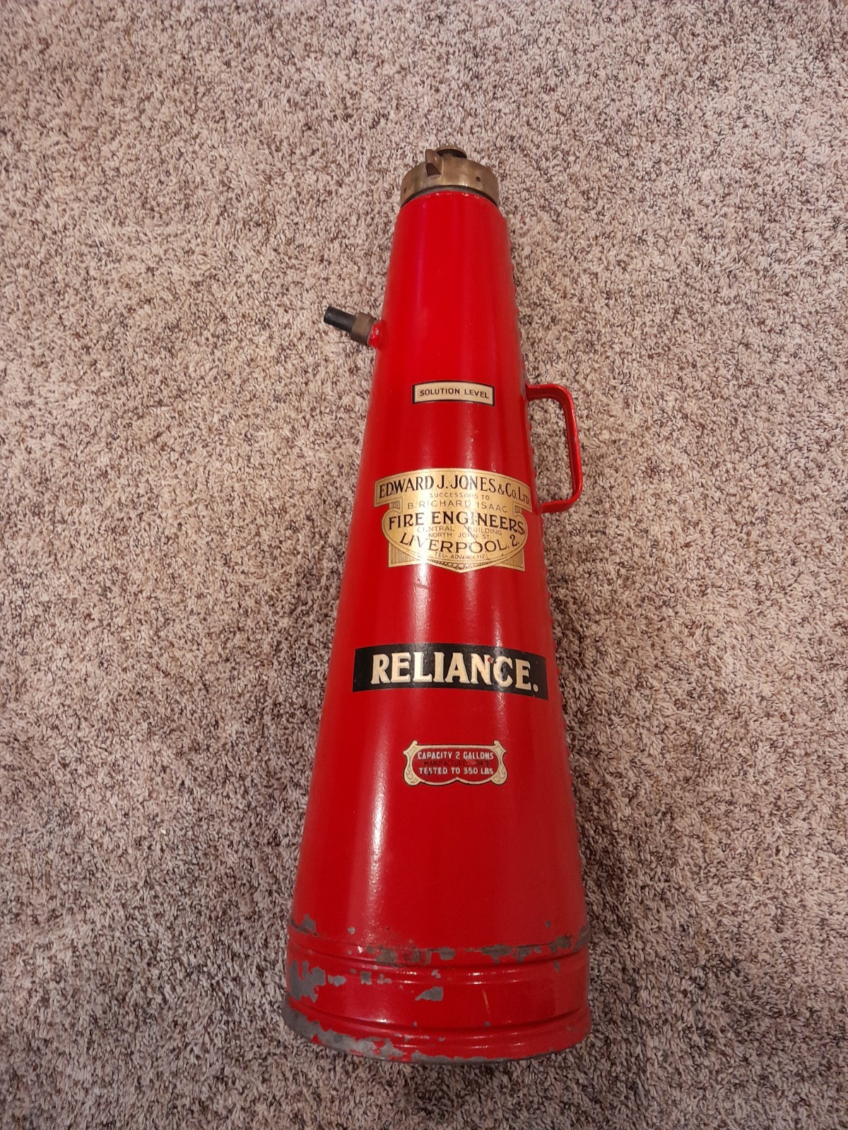 Antique Jones & Co. "Reliance" Cone Shape Soda-Acid Fire Extinguisher - mfg 1947