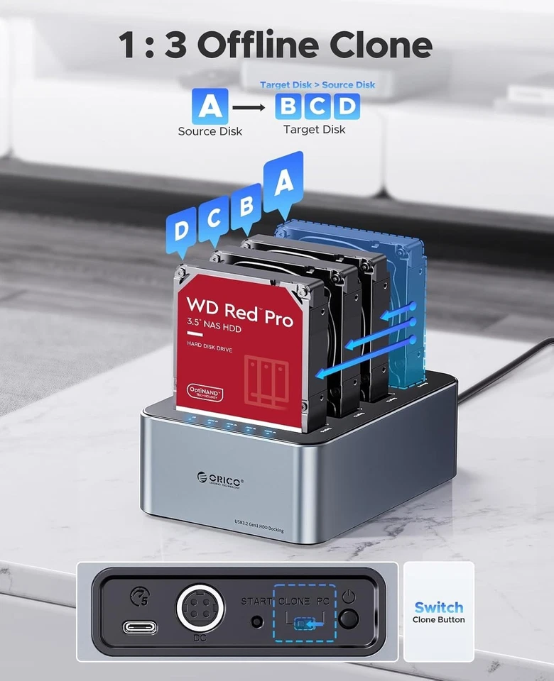 ORICO USB C 4 Bay Hard Drive Cloner Docking Station USB 3.2 Gen 1 20TB 6656C3 - Image 2 of 4