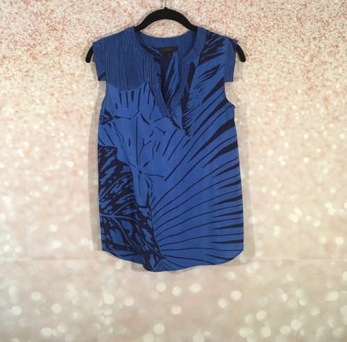 J.Crew Women Palm Frond CA56445 Blue Black Sleeveless Silk Blouse Top Size 00 - Picture 4 of 5
