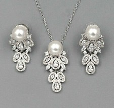 White Gold Plated Pearl Zirconia Necklace Earrings Wedding Jewelry Set Women 096