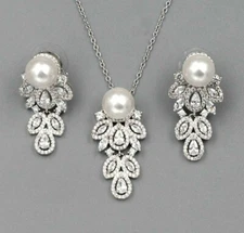 White Gold Plated Pearl Zirconia Necklace Earrings Wedding Jewelry Set Women 096