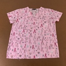 Just Love Women's Size Medium Pink Ribbon Graphic Short Sleeve V Neck Scrub Top