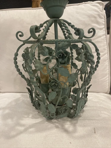 Vintage Italian Tole Floral Chandelier  French Country green Ceiling 3 Arms Iron