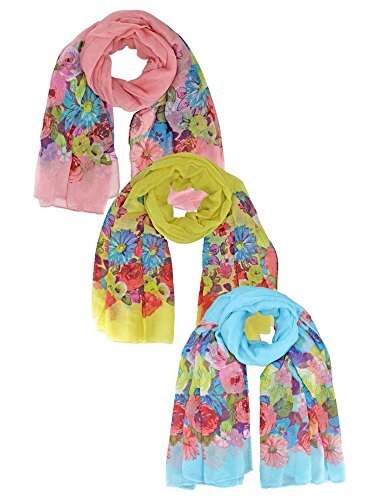 PINK YELLOW BLUE LIGHTWEIGHT FLORAL PRINT SCARF 3-PACK SET - Picture 6 of 10