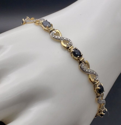Ross Simons Vintage Armband 7 Saphir 1 Diamant Silber 925 vergoldet 7,5 Zoll