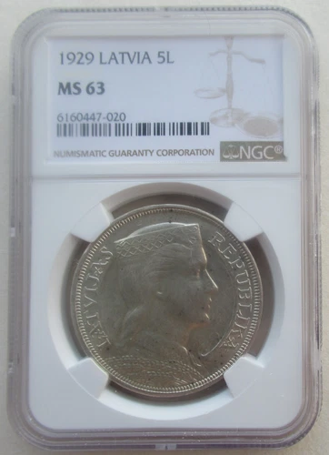 NGC MS63 Latvia 1929 Silver Coin 5 Lati