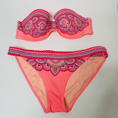 Victoria's Secret Swim The Flirt Bandeau Bikini 2 Pc Coral Pink Paisley 36B Med - Picture 2 of 5