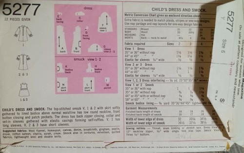 Simplicity 5277 Child's Toddler Dress and Smock Size 6 Vtg 1972 Sewing Pattern - Picture 3 of 3