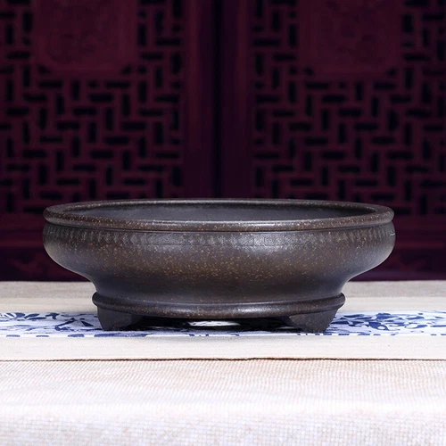 7" Round Traditional Chinese Bonsai Pot Old Style Unglazed Purple Sand Flowerpot - Picture 6 of 27