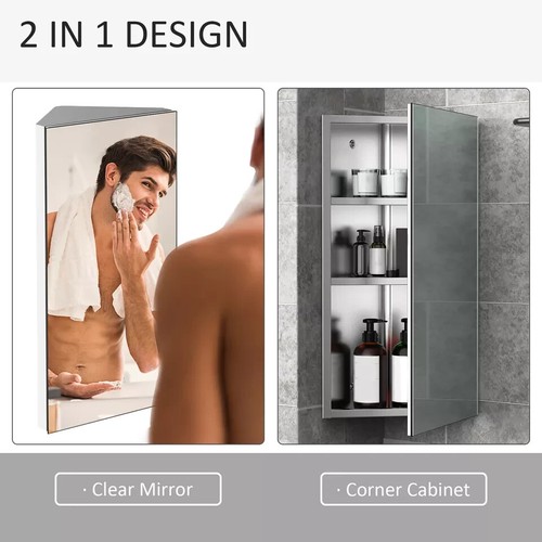Bathroom Corner Wall Mirror Storage Cabinet Mirrored Cupboard Stainless Steel