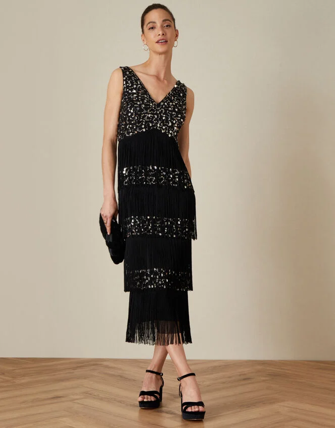 Monsoon Felicity fringe embellished dress black size 22 NWT UK