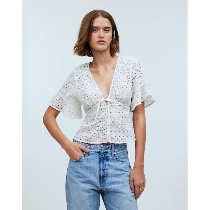 Madewell Tie-Front Top in Eyelet in Soft White | eBay
