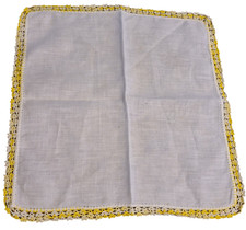 Vintage White 10.5" Handkerchief. Yellow Crochet Edge