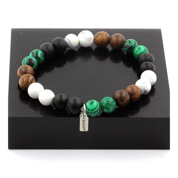 Steine Und MinéRaux. Armband Perlen Howlith+Malachit+Schwarz Onyx Matt + Holz-image